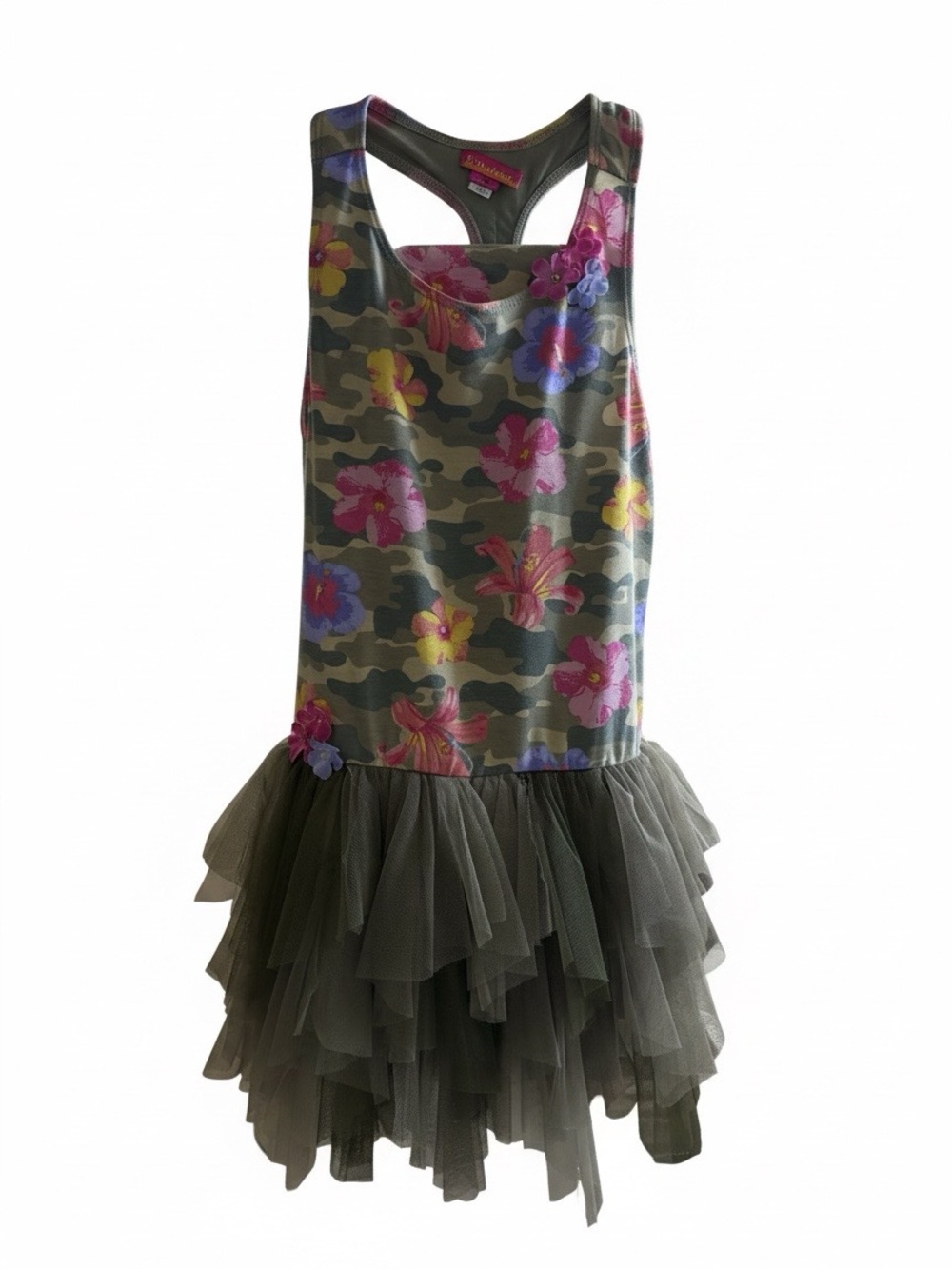 Kate Mack Olive Camo Floral Tulle Dress with Pink and Purple Blooms